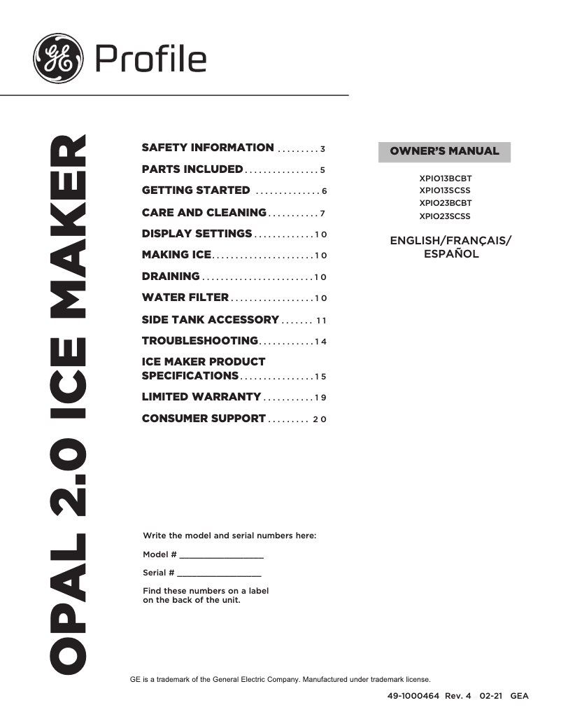 Image de la première page du manuel de l'appareil Profile Opal XPIO13SCSS