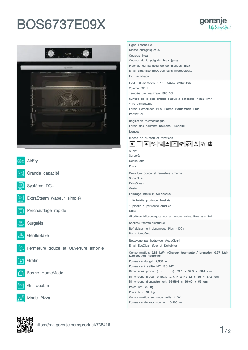 Page n°1 - Fiche technique Gorenje BOS6737E09X