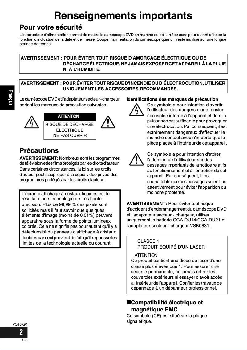 Page 1 de la notice Manuel utilisateur Panasonic VDR-M70EG