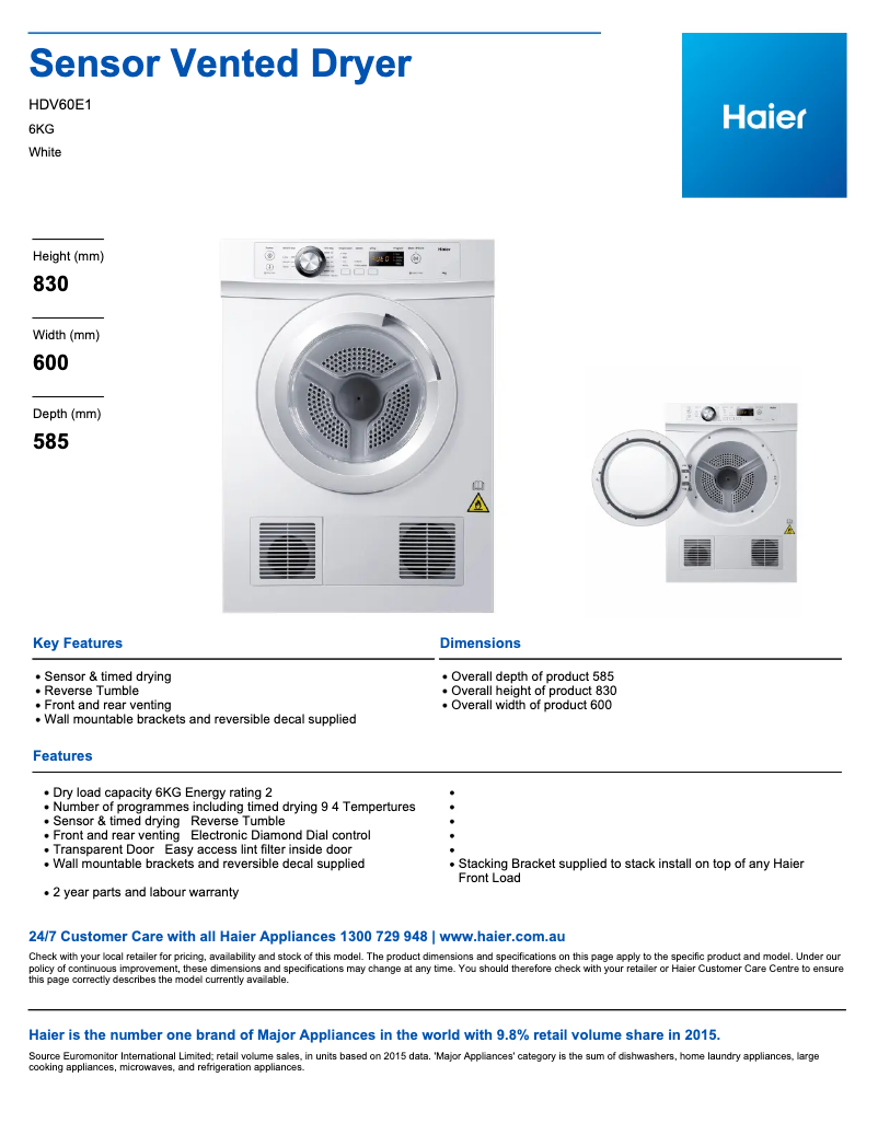 Page n°1 - Fiche technique Haier HDV60E1