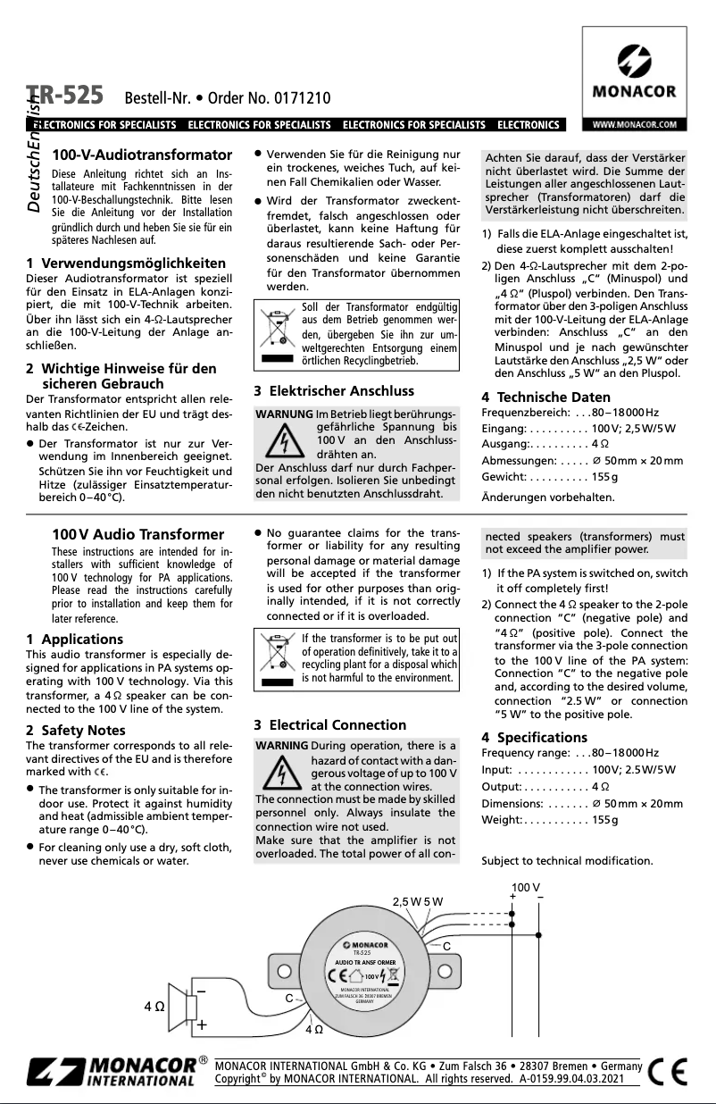 Page n°1 - Manuel utilisateur Monacor TR-525