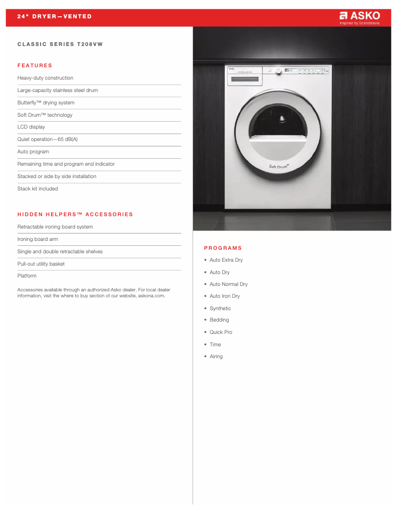 Page 1 de la notice Fiche technique Asko T208V.W