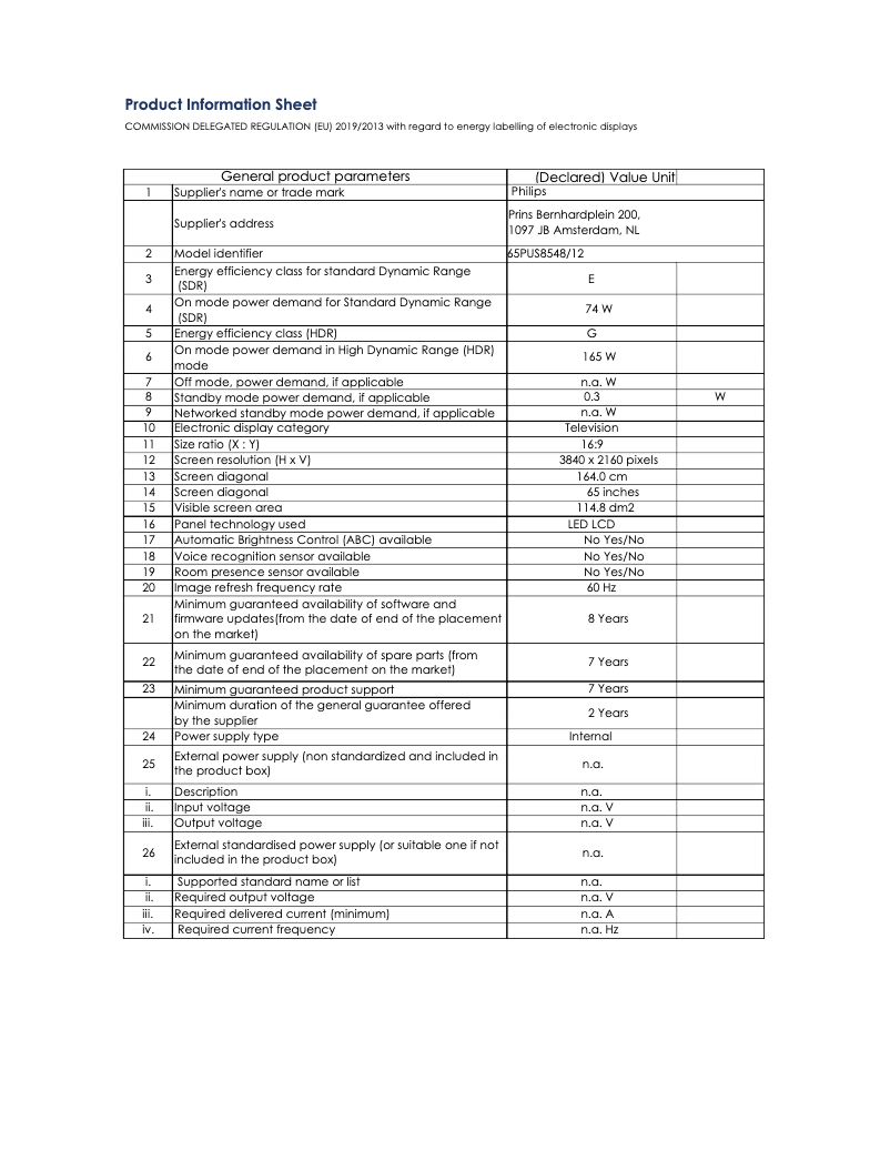 Page n°1 - Fiche technique Philips The One 65PUS8548