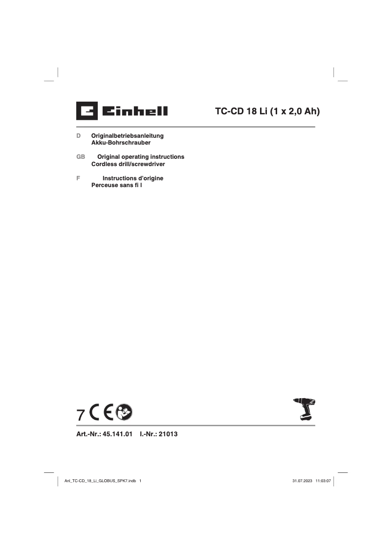Page 1 de la notice Manuel utilisateur Einhell TC-CD 18 Li