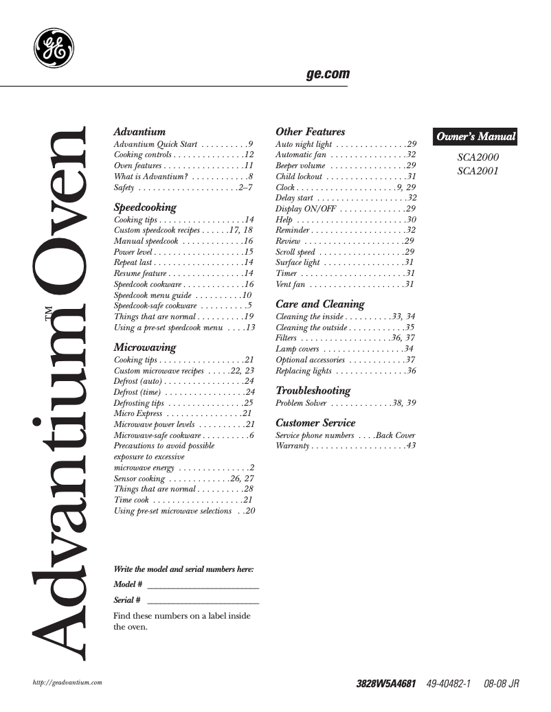 Page n°1 - Manuel d'utilisation et d'entretien GE SCA2000FWW