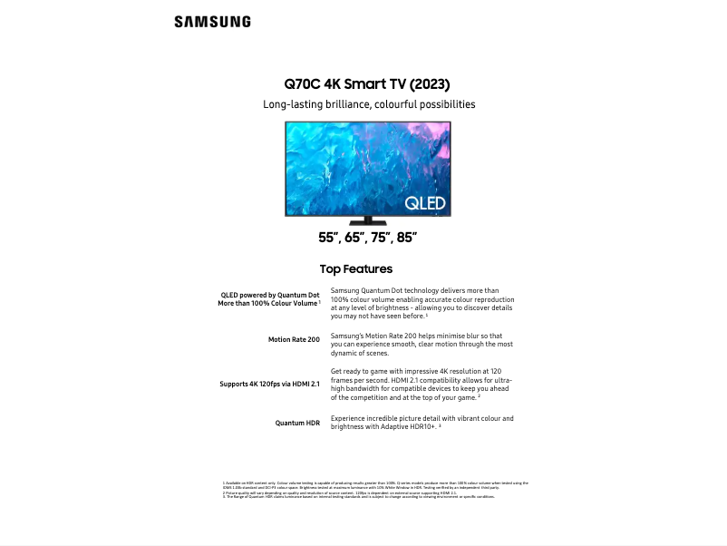 Page 1 de la notice Fiche technique Samsung QA65Q70CAW