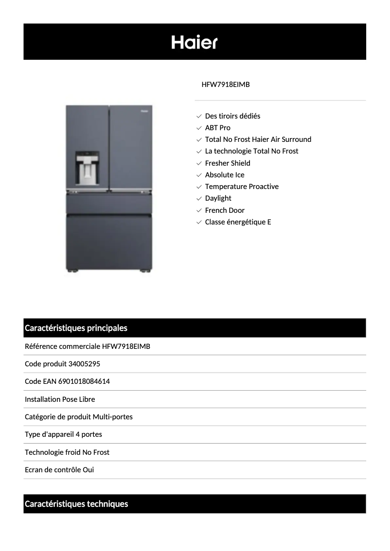 Page n°1 - Fiche technique Haier HFW7918EIMB
