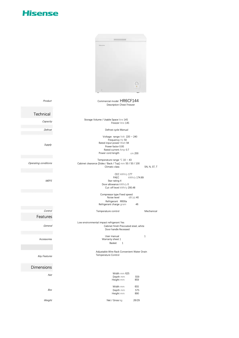 Page 1 de la notice Fiche technique Hisense HR6CF144