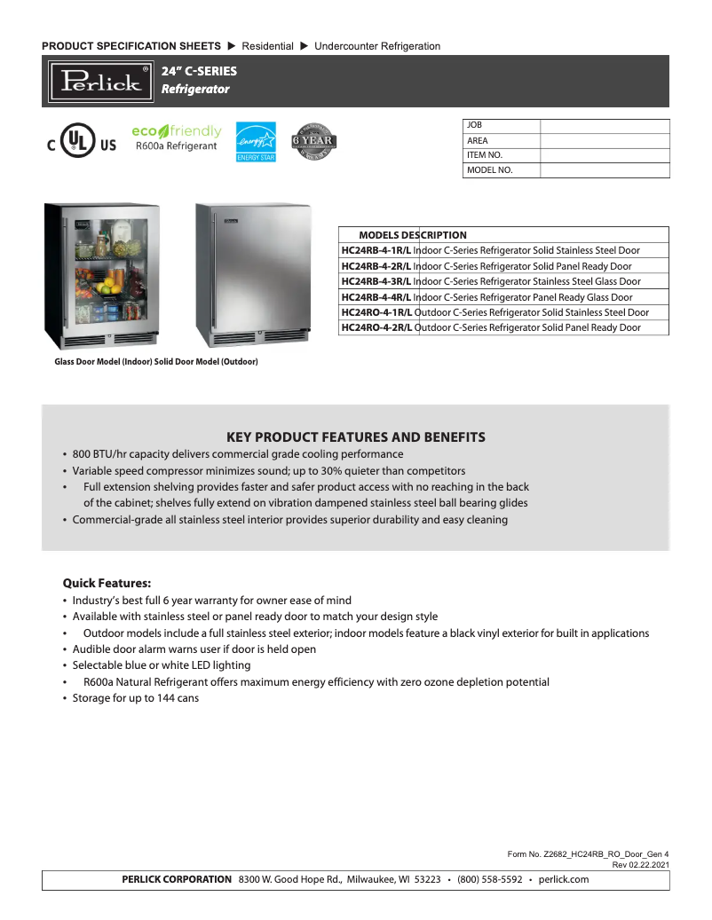 Page 1 de la notice Fiche technique Perlick HC24RB-4-3L