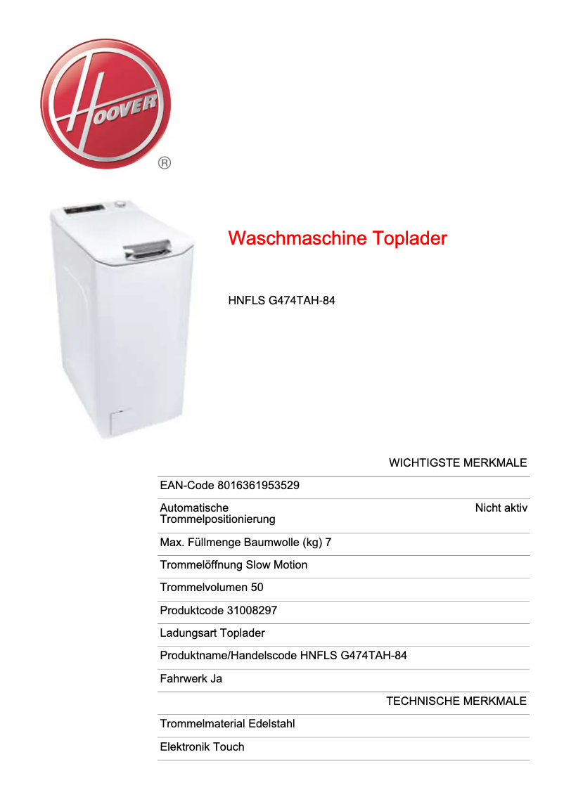 Página 1 del manual Ficha técnica Hoover HNFLS G474TAH-84