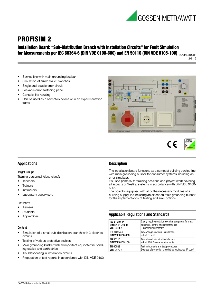 Page 1 de la notice Fiche technique Gossen Metrawatt PROFiSIM 2