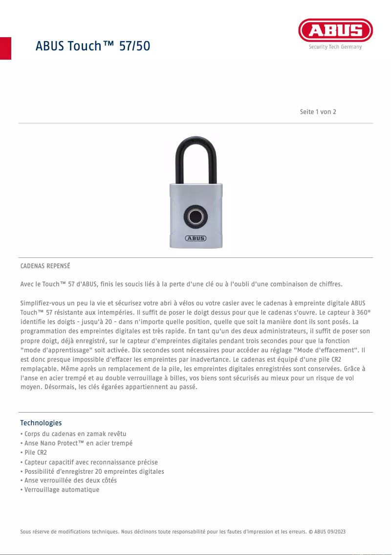 Image de la première page du manuel de l'appareil Touch 57