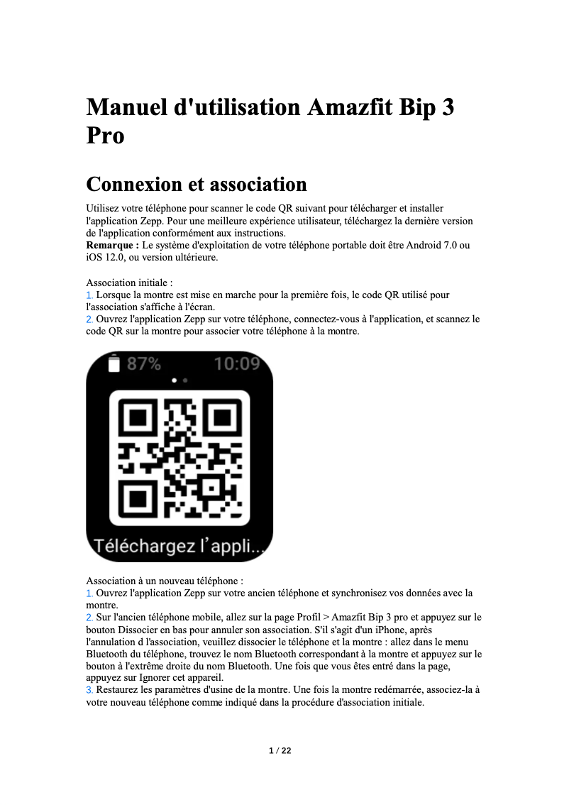 Page 1 de la notice Guide de démarrage rapide Amazfit Bip 3 Pro