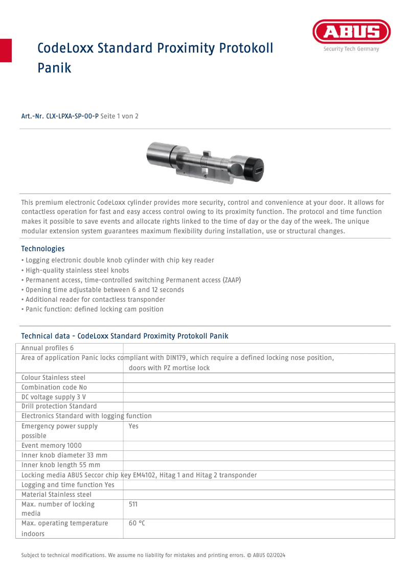 Page n°1 - Fiche technique Abus CLX-LPXA-SP-00-P