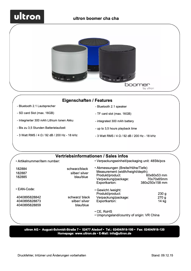 Page n°1 - Fiche technique Ultron Boomer cha cha
