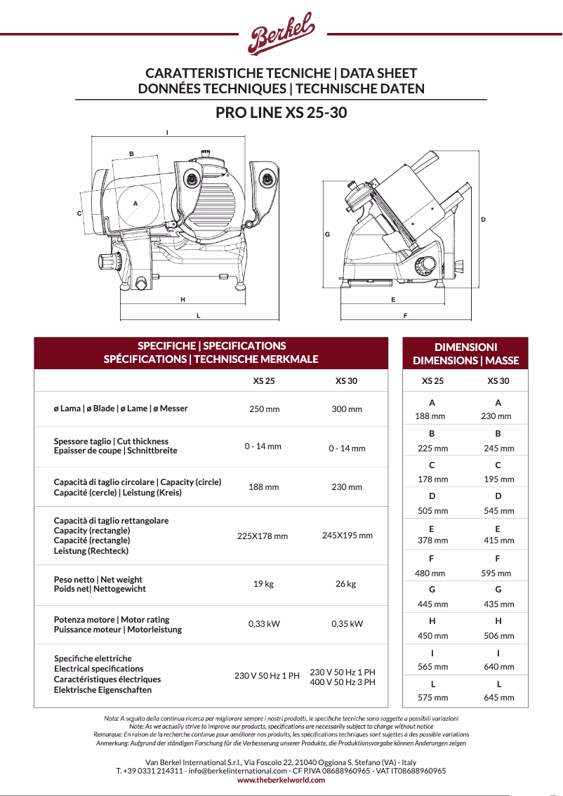 Page 1 de la notice Fiche technique Berkel Pro Line XS25