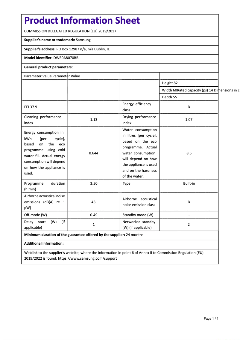 Page 1 de la notice Fiche technique Samsung DW60A8070BB