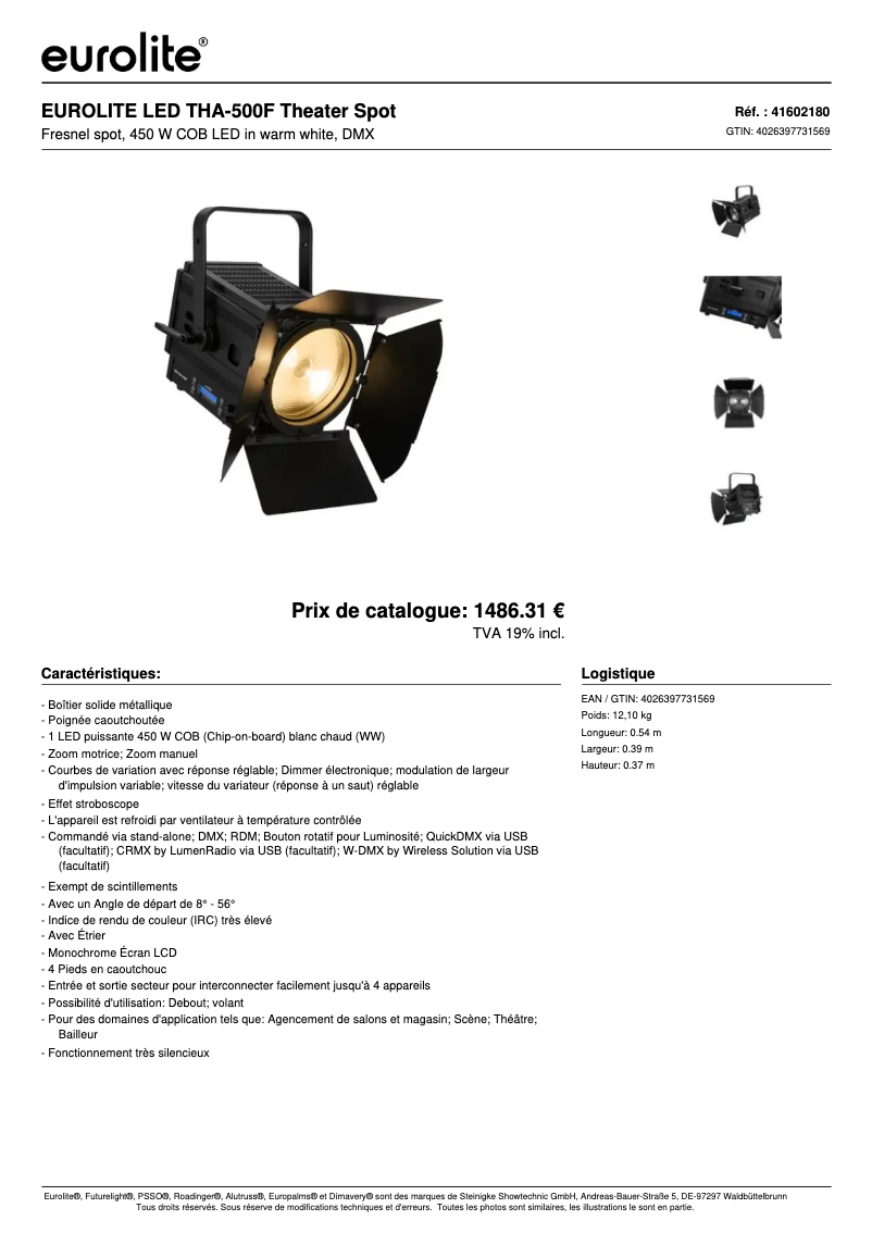 Page 1 de la notice Fiche technique Eurolite LED THA-500F
