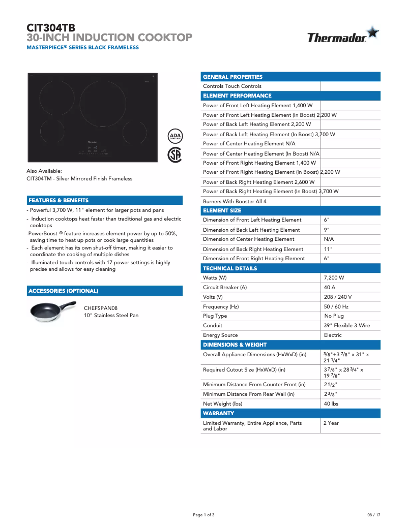 Page 1 de la notice Fiche technique Thermador Masterpiece CIT304TB