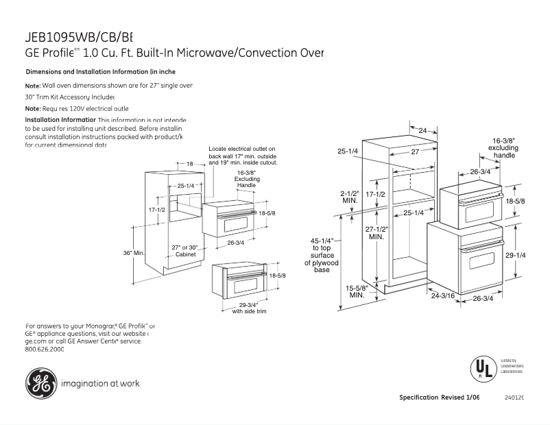 Page 1 de la notice Fiche technique GE Profile JEB1095CB