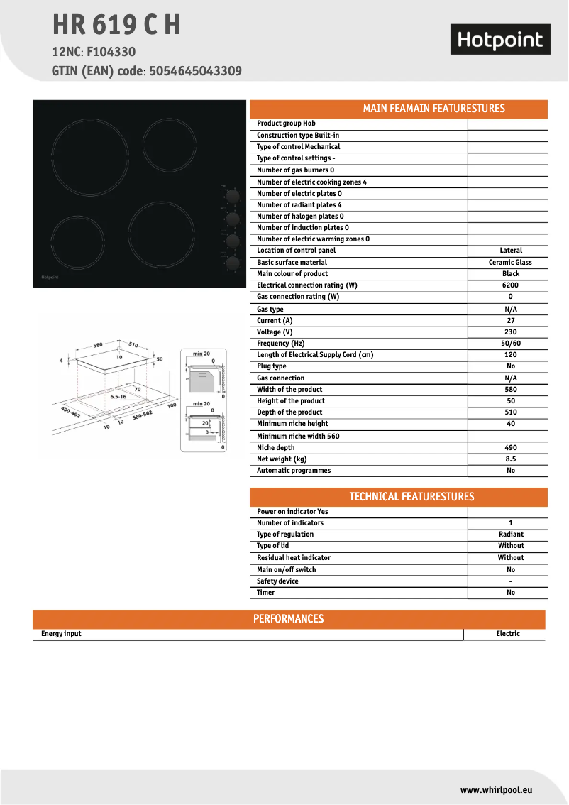 Page n°1 - Fiche technique Hotpoint HR 619 C H