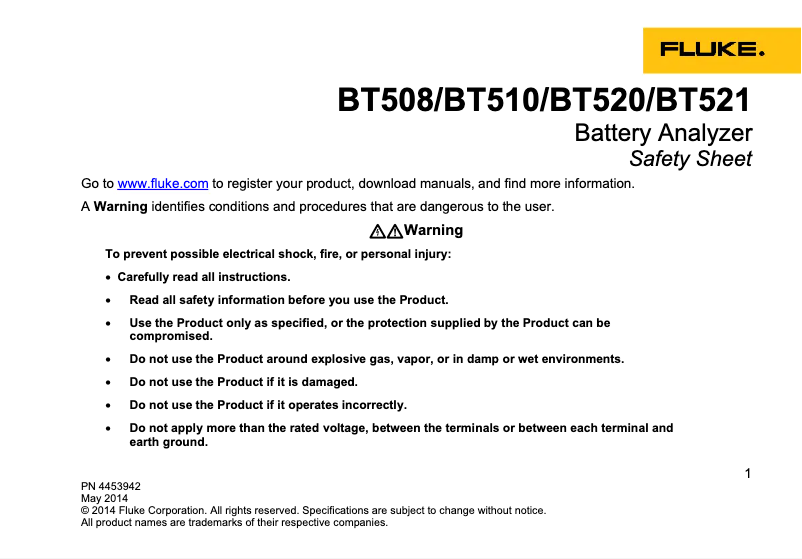 Page 1 de la notice Instructions de sécurité Fluke BT500