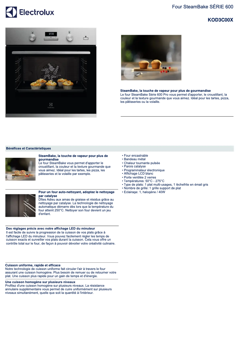 Page 1 de la notice Fiche technique Electrolux KOD3C00X