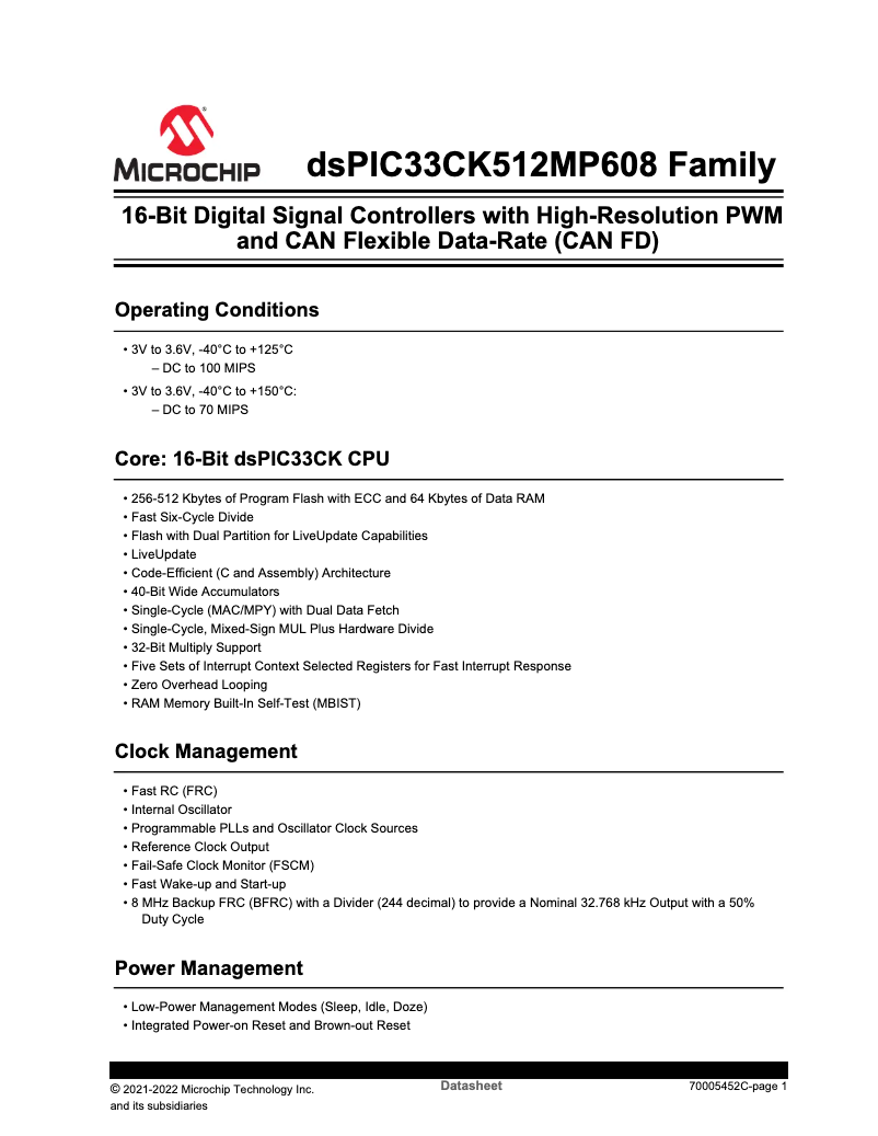 Página 1 del manual Ficha técnica Microchip dsPIC33CK256MP306