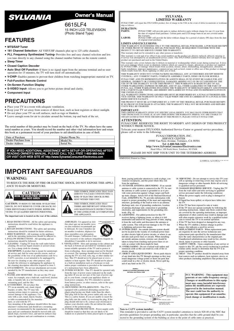 Page n°1 - Manuel utilisateur Sylvania 6615LF4