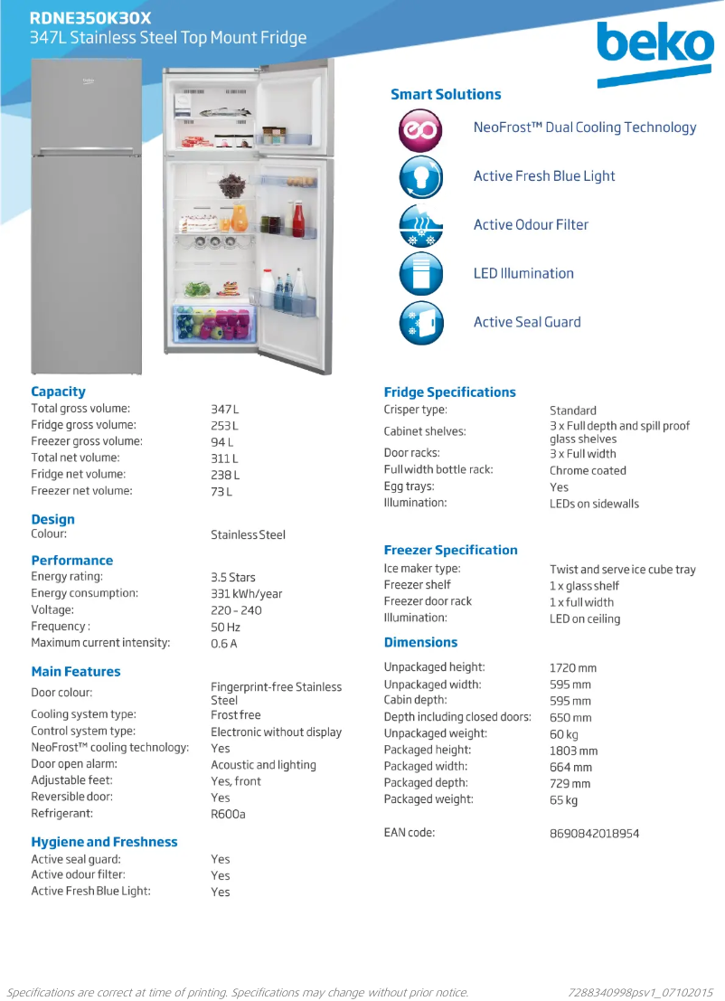 Page 1 de la notice Fiche technique Beko RDNE350K30X