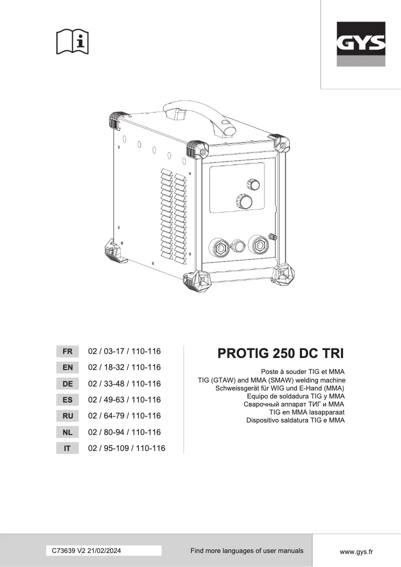 Imagen de la primera página del manual del dispositivo PROTIG 250 DC TRI