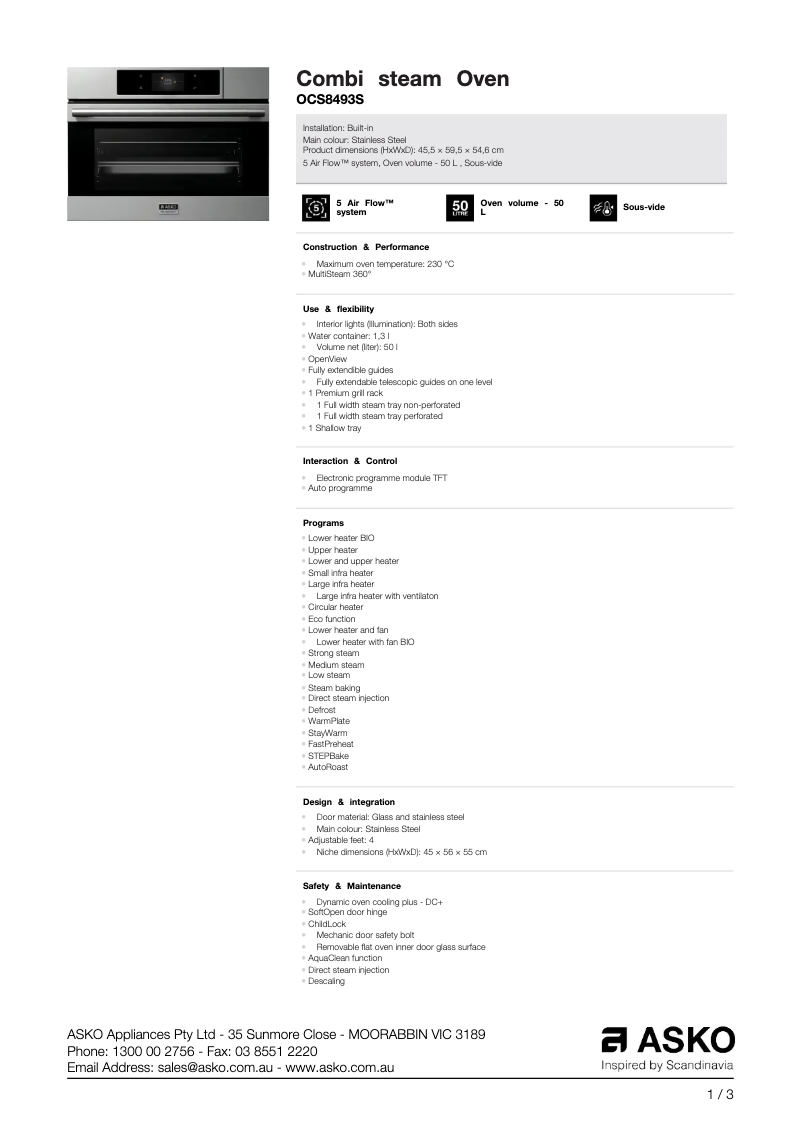 Page 1 de la notice Fiche technique Asko OCS8493S