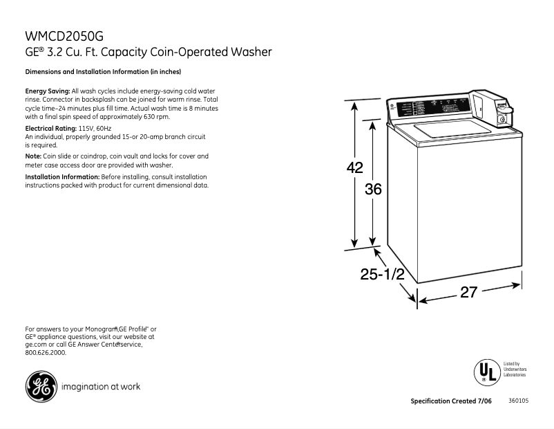 Page n°1 - Fiche technique GE WMCD2050GWC