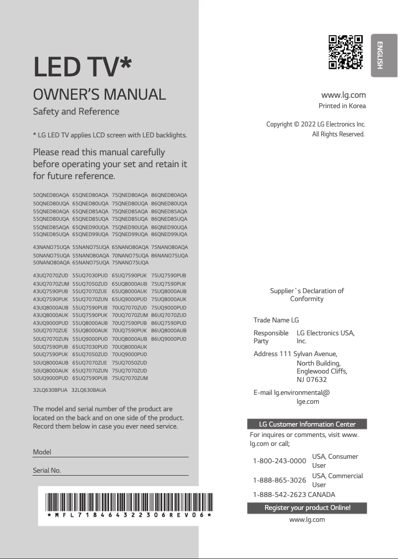 Page 1 de la notice Manuel utilisateur LG 65QNED85AQA