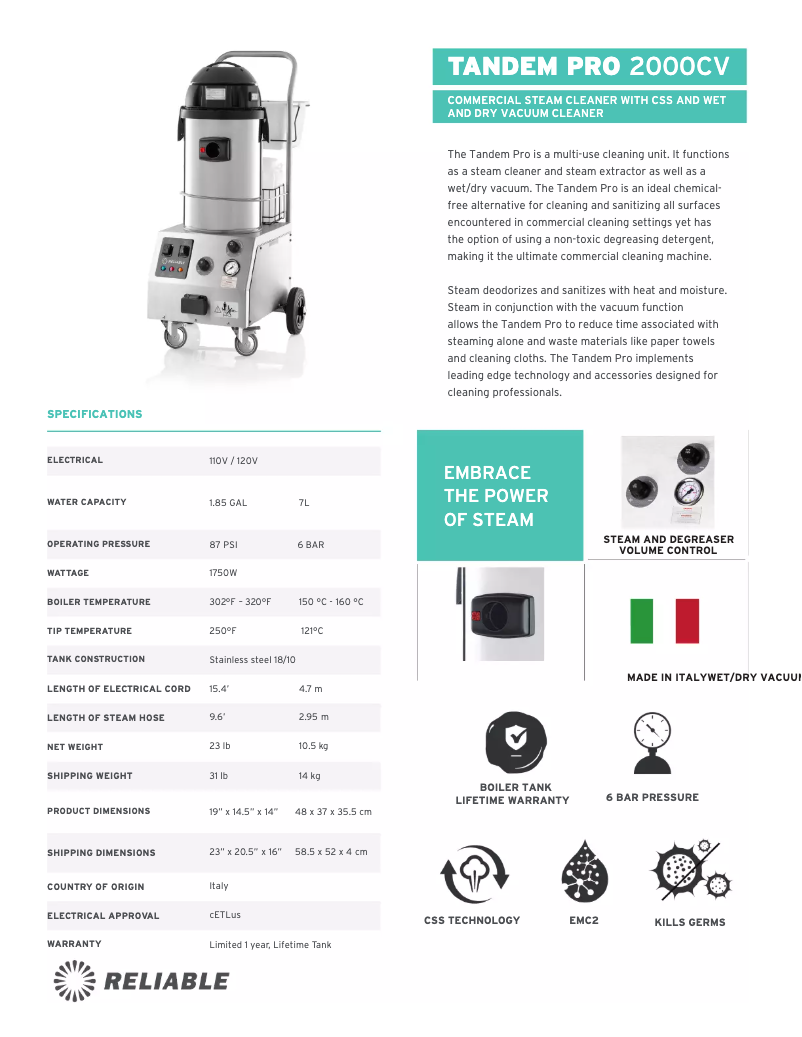 Page 1 de la notice Fiche technique Reliable Tandem Pro 2000CV