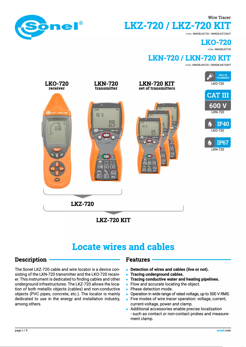 Page 1 de la notice Fiche technique Sonel LKZ-720