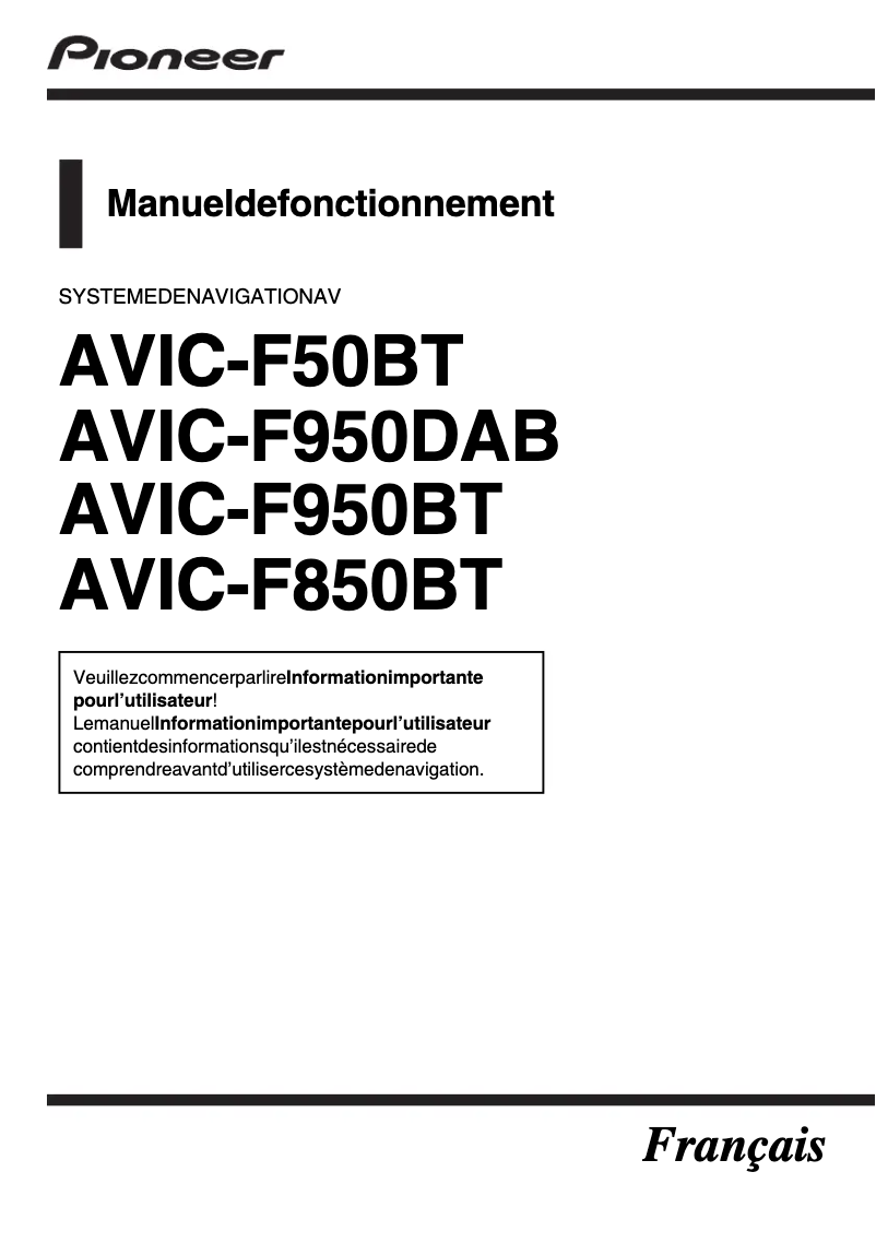 Page 1 de la notice Manuel utilisateur Pioneer AVIC-F950BT
