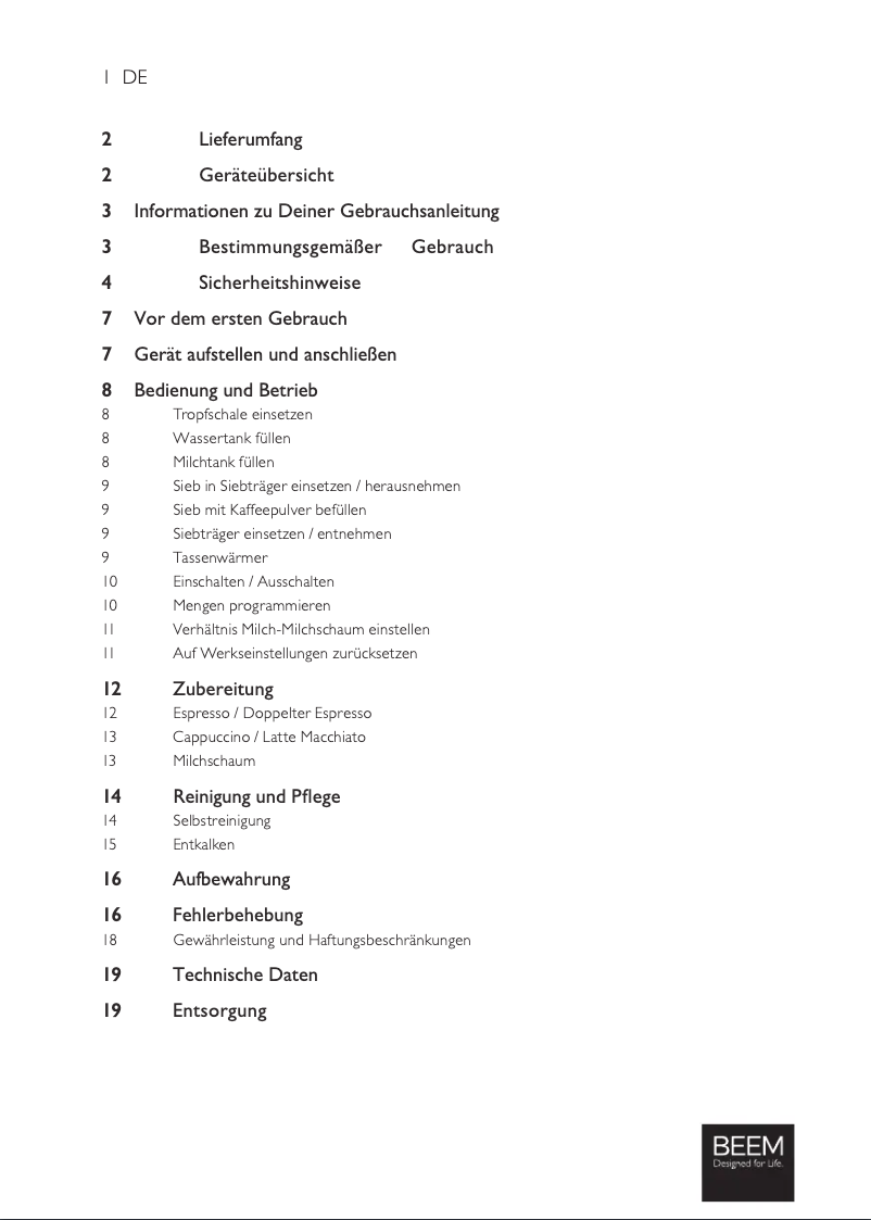 Page 1 de la notice Manuel utilisateur BEEM Espresso Latte