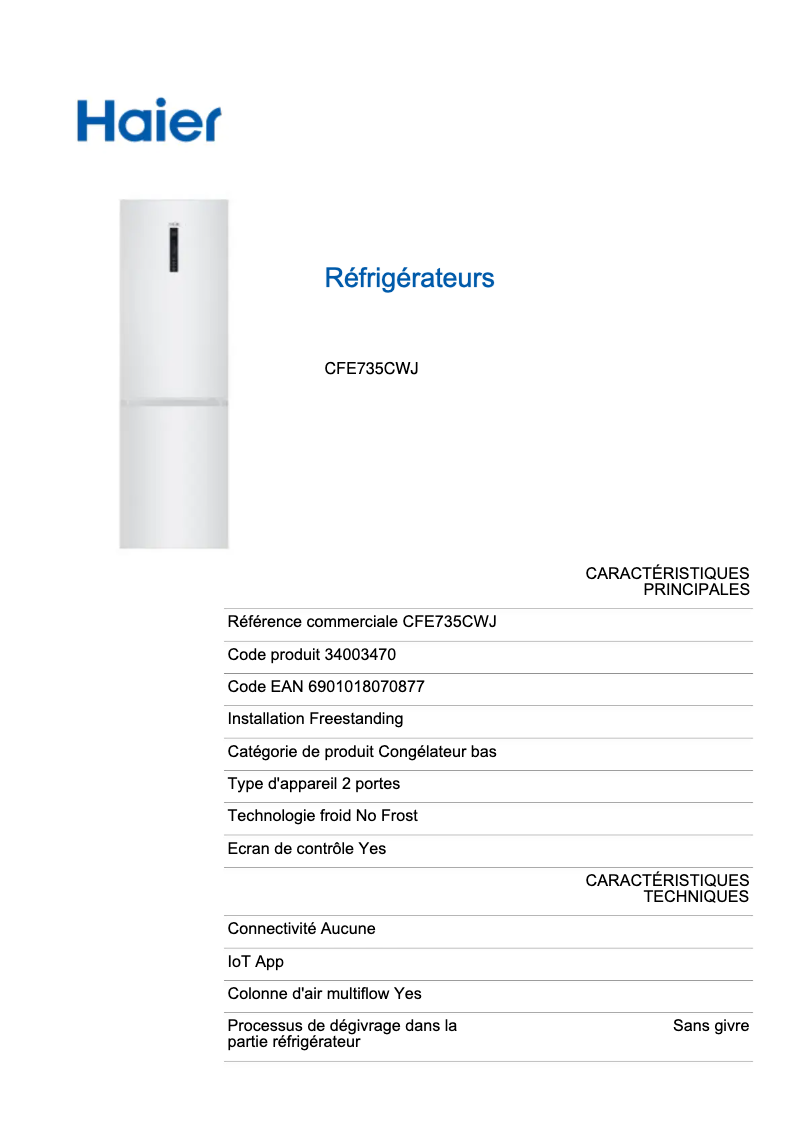 Page n°1 - Fiche technique Haier CFE735CWJ