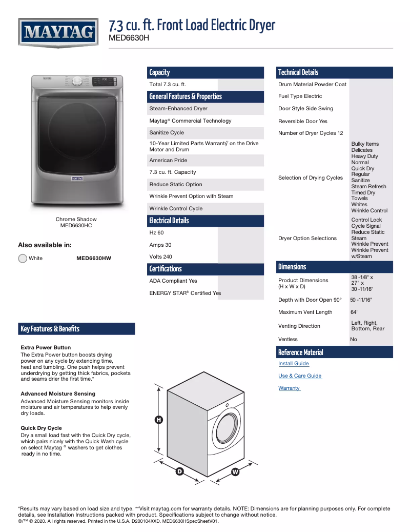 Page n°1 - Fiche technique Maytag MED6630HC