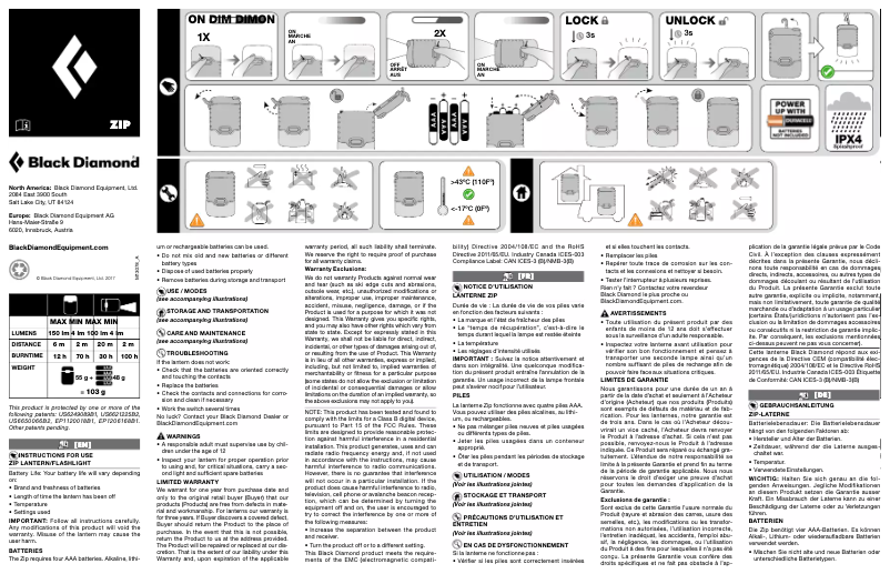 Page n°1 - Manuel utilisateur Black Diamond Zip Lantern