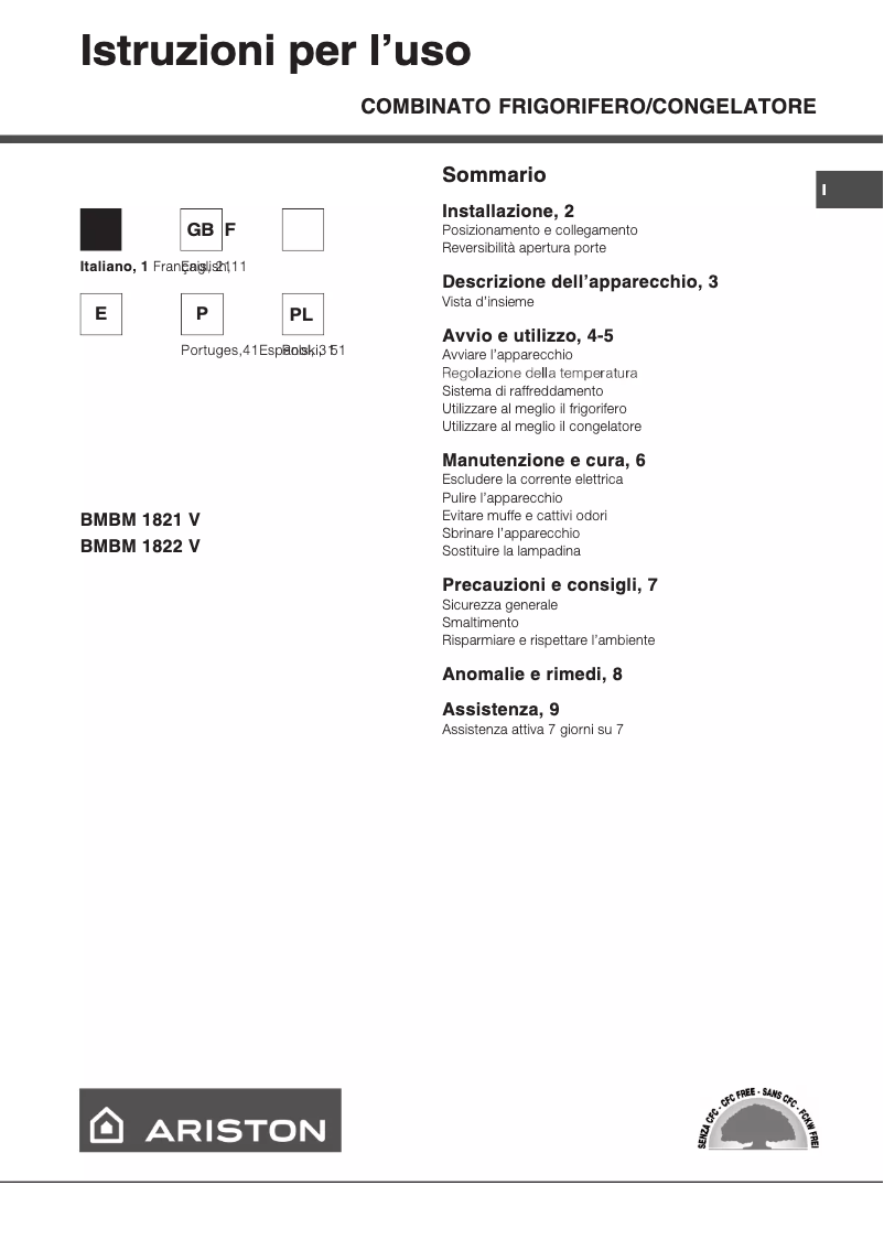 Page 1 de la notice Manuel utilisateur Hotpoint Ariston Bmbm 1821 v