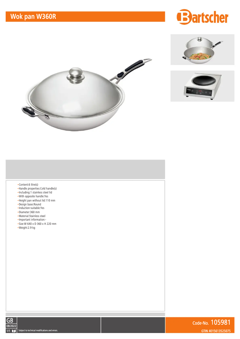 Page 1 de la notice Fiche technique Bartscher W360R