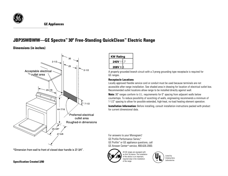 Page n°1 - Fiche technique GE JBP35EDBB