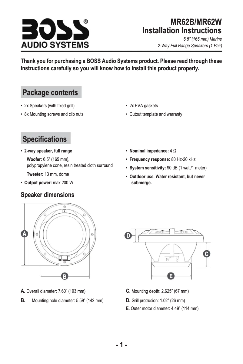 Page 1 de la notice Manuel utilisateur Boss MR62W