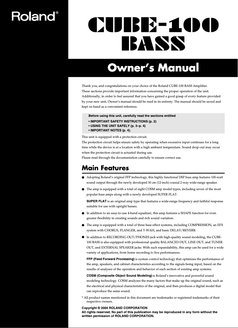 Page n°1 - Manuel utilisateur Roland CUBE-100 BASS