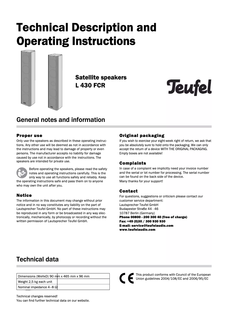Page n°1 - Manuel utilisateur Teufel L 430 FCR