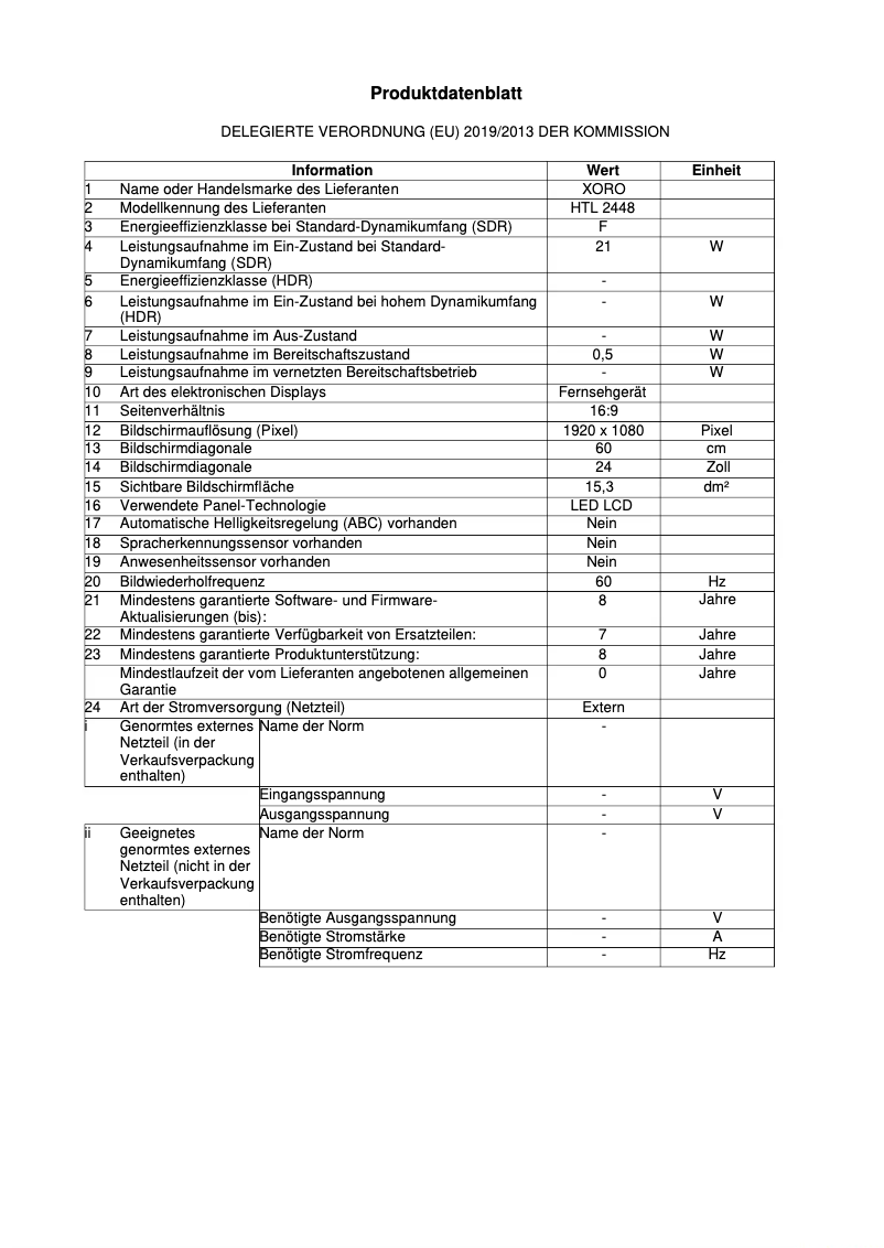 Page 1 de la notice Label énergétique Xoro HTL 2448