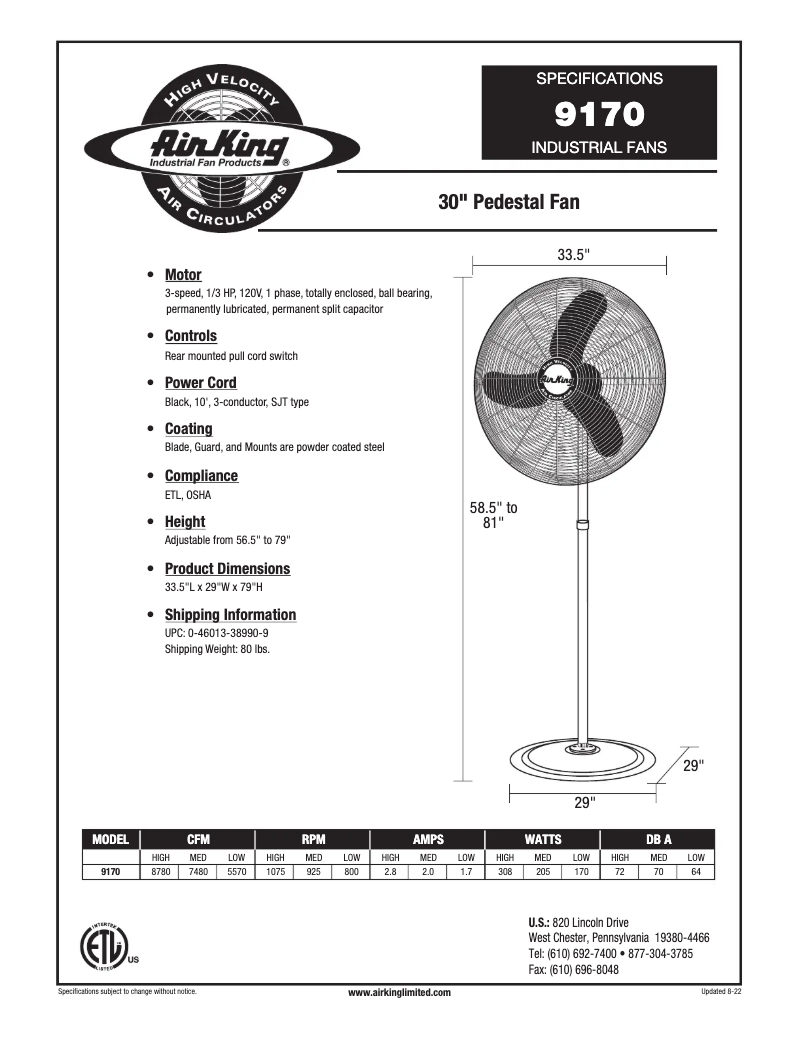 Page 1 de la notice Fiche technique Air King 9170