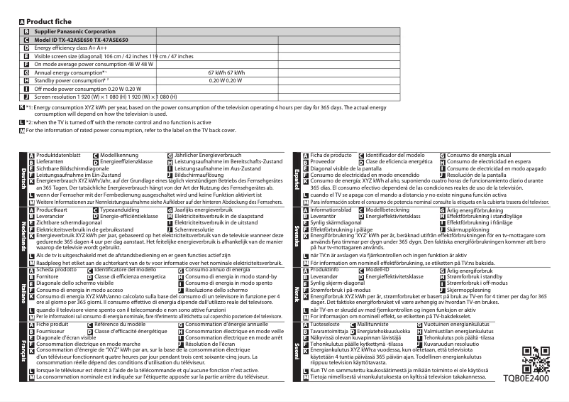 Image de la première page du manuel de l'appareil Viera TX-47ASE650